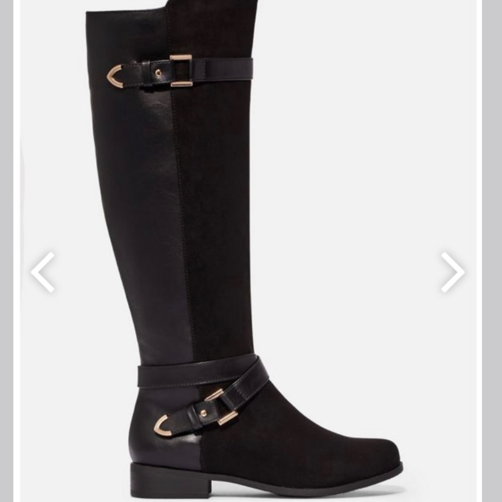 Black Riding Faux Leather Buckle Strap Flat Boots